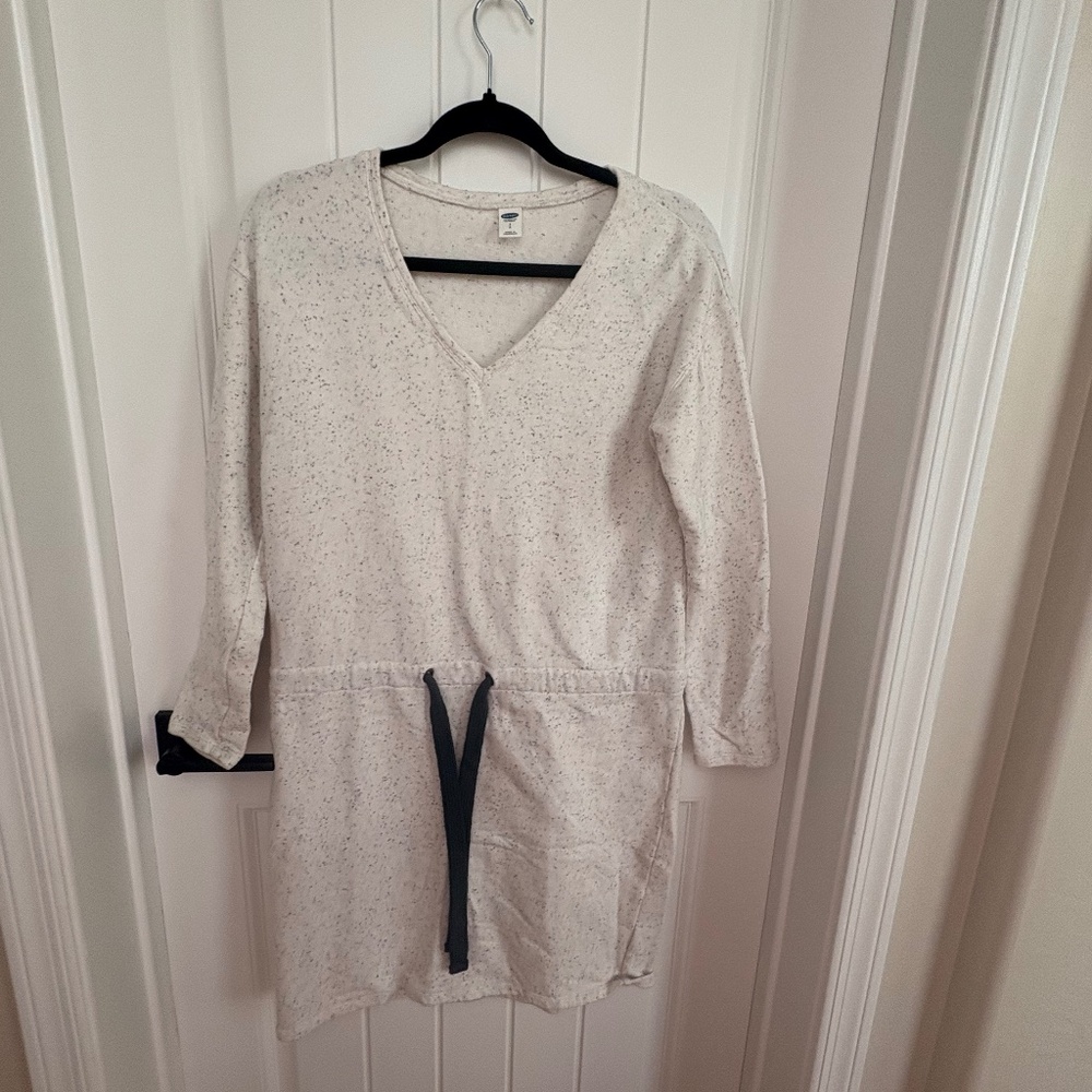 Old Navy Off-White Fleece-Like Dress with Gray Drawstring